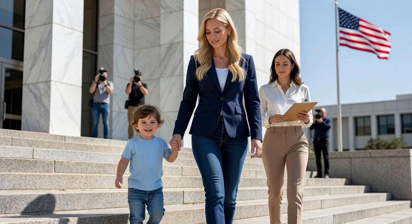 Taylor Frankie Paul walking hand-in-hand with her young son outside courthouse during supervised visitation after custody hearing.
