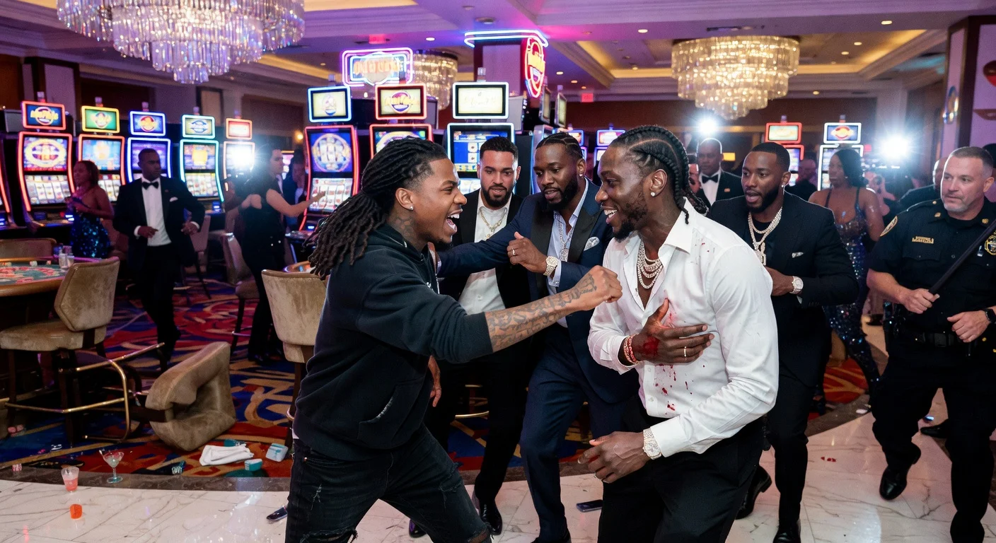 Dramatic illustration depicting rapper Lil Tjay instigating a casino fight that led to Offset being shot at Seminole Hard Rock Hotel and Casino.