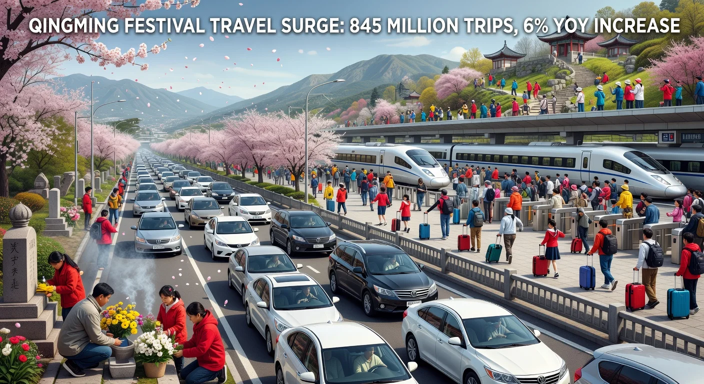 Illustration depicting massive passenger travel during China's Qingming Festival, with crowded highways, family tomb visits, busy trains, and tourists amid spring blooms.