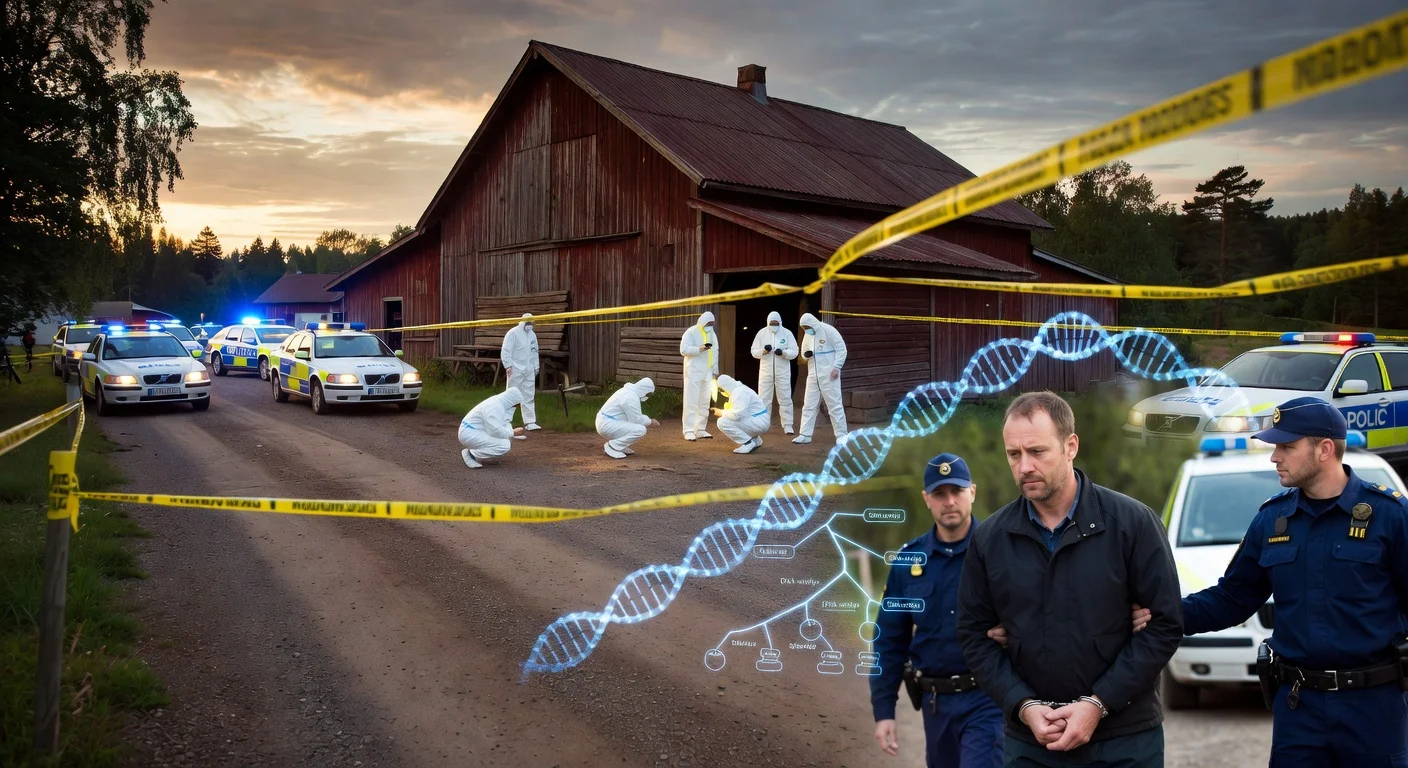 Illustration of Brattås farm double murder crime scene from 2005 with DNA arrest overlay.