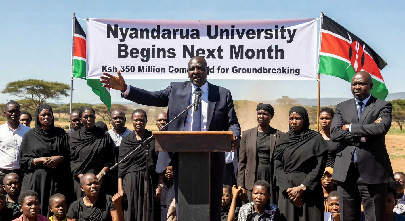 President William Ruto announces Nyandarua University construction at former Ol Kalou MP's funeral, with crowd and banners.