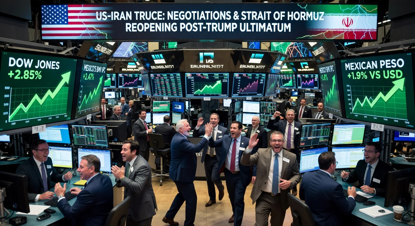 Wall Street traders celebrate stock market rally on screens showing Dow Jones and BMV surges after US-Iran truce news.