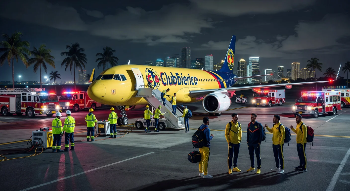 Club América charter plane on Miami airport tarmac post-emergency landing; players and staff safe amid emergency vehicles.