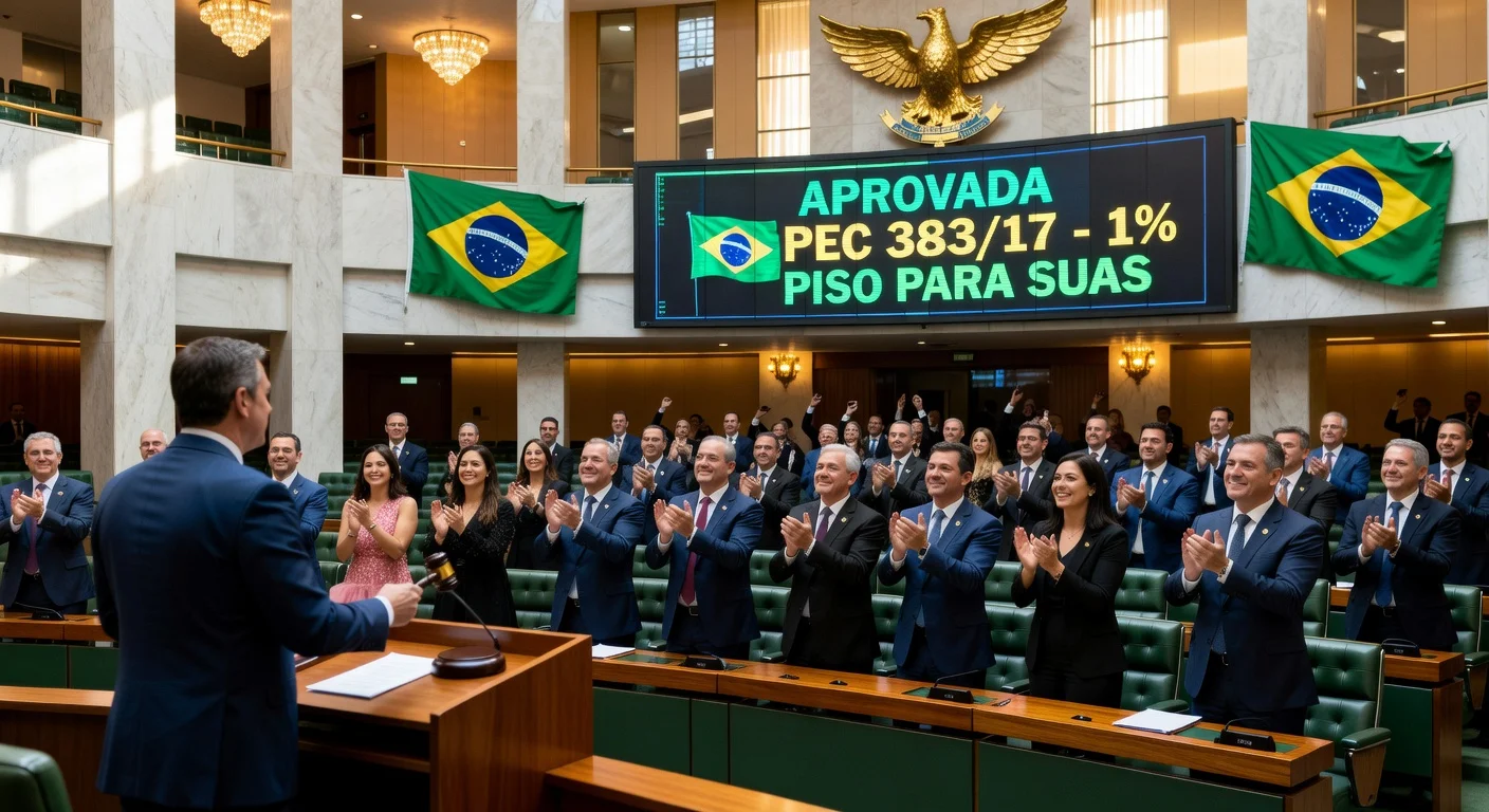 Brazilian deputies celebrate first-round approval of SUAS funding bill PEC 383/17 in the Chamber of Deputies.