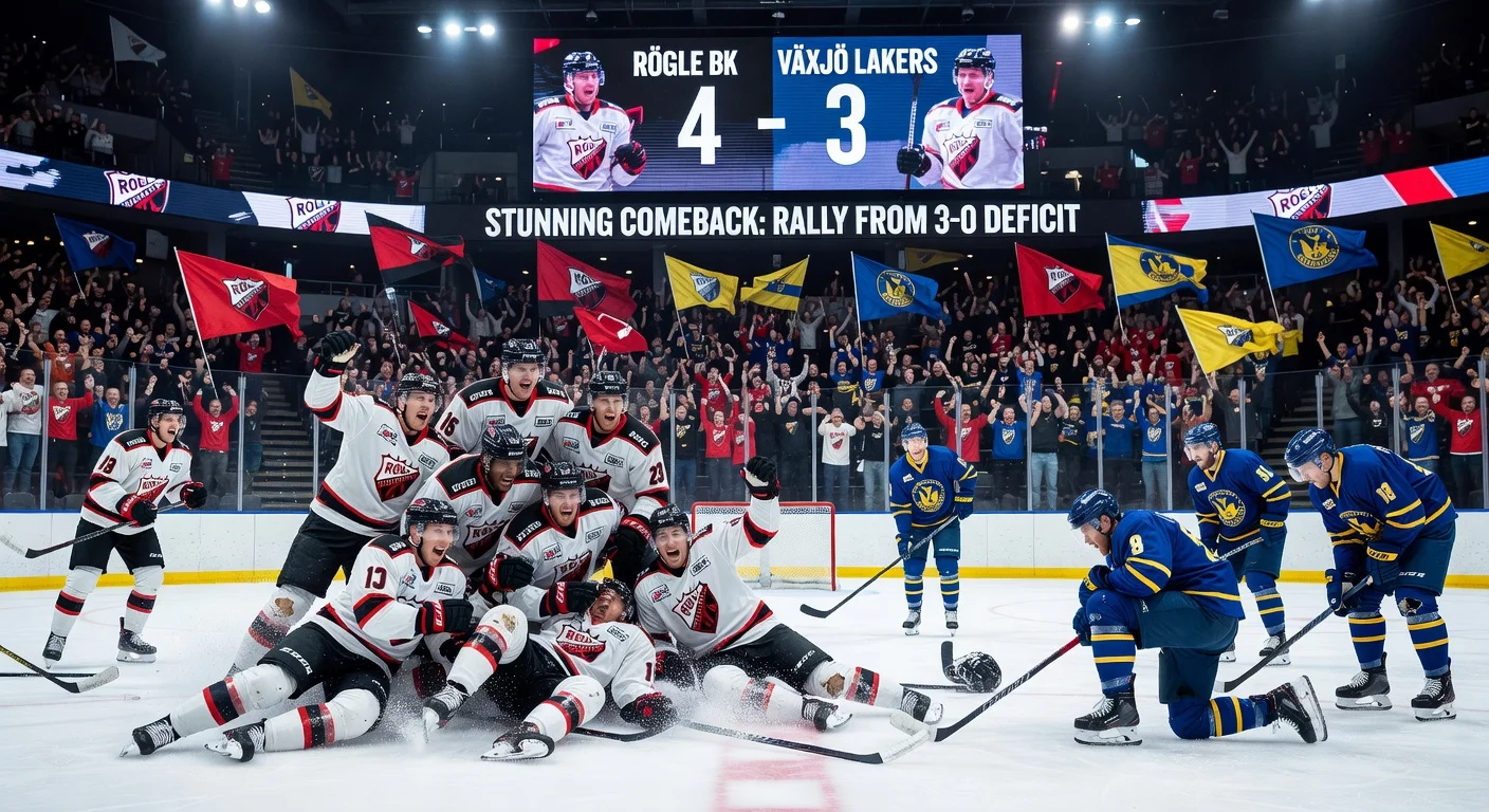 Rögle BK celebrates dramatic 3-0 comeback win over Växjö Lakers in SHL semifinal.
