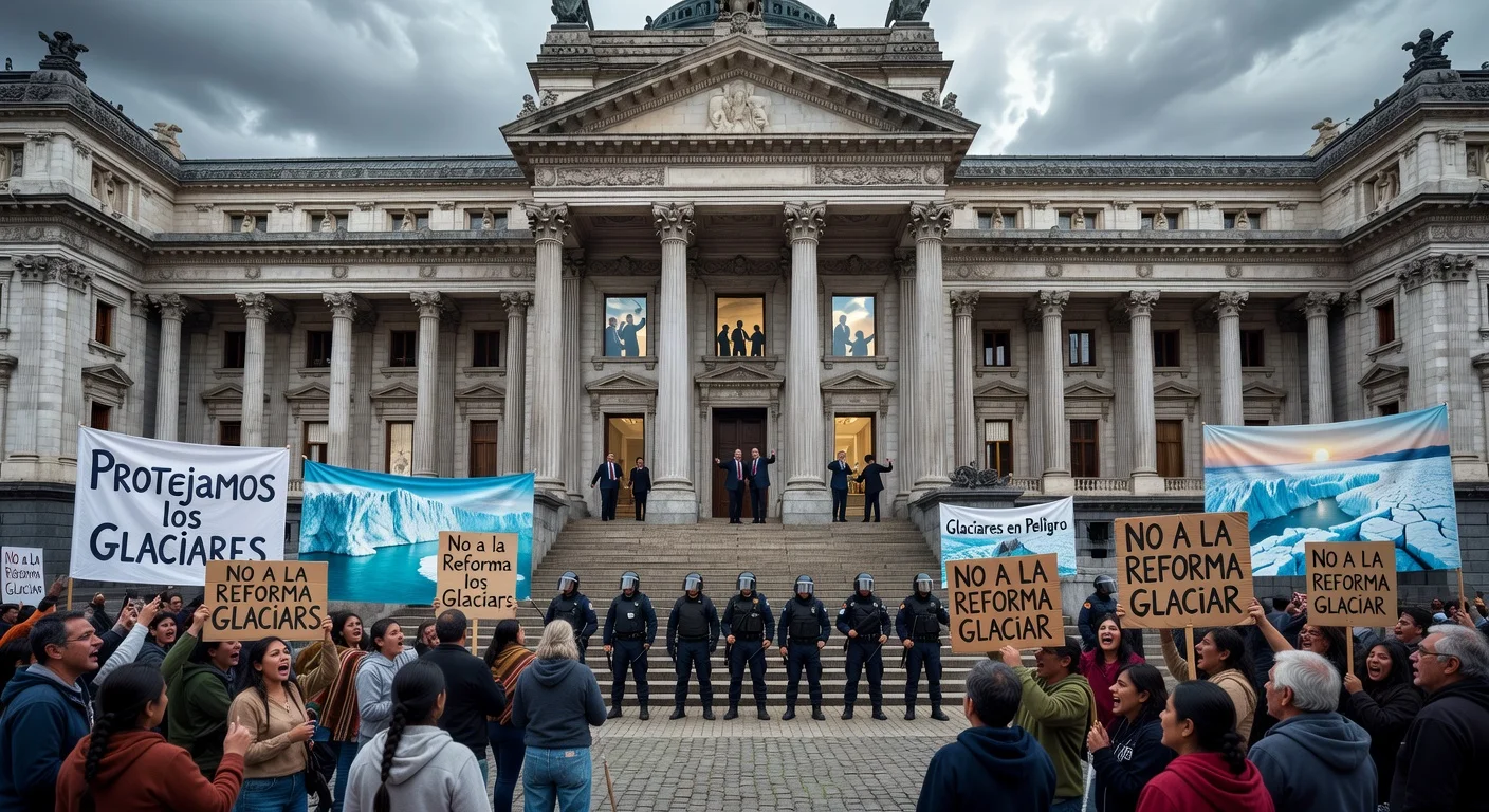 Protesters outside Argentine Congress rally against glacier law reform as lawmakers debate inside.