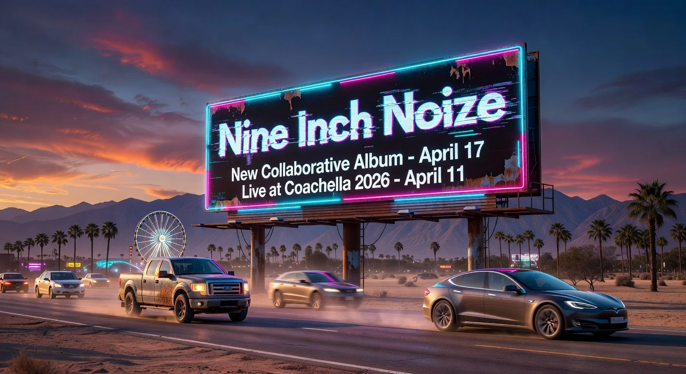 Billboard teasing Nine Inch Noize collaborative album by Nine Inch Nails and Boys Noize on highway to Coachella.