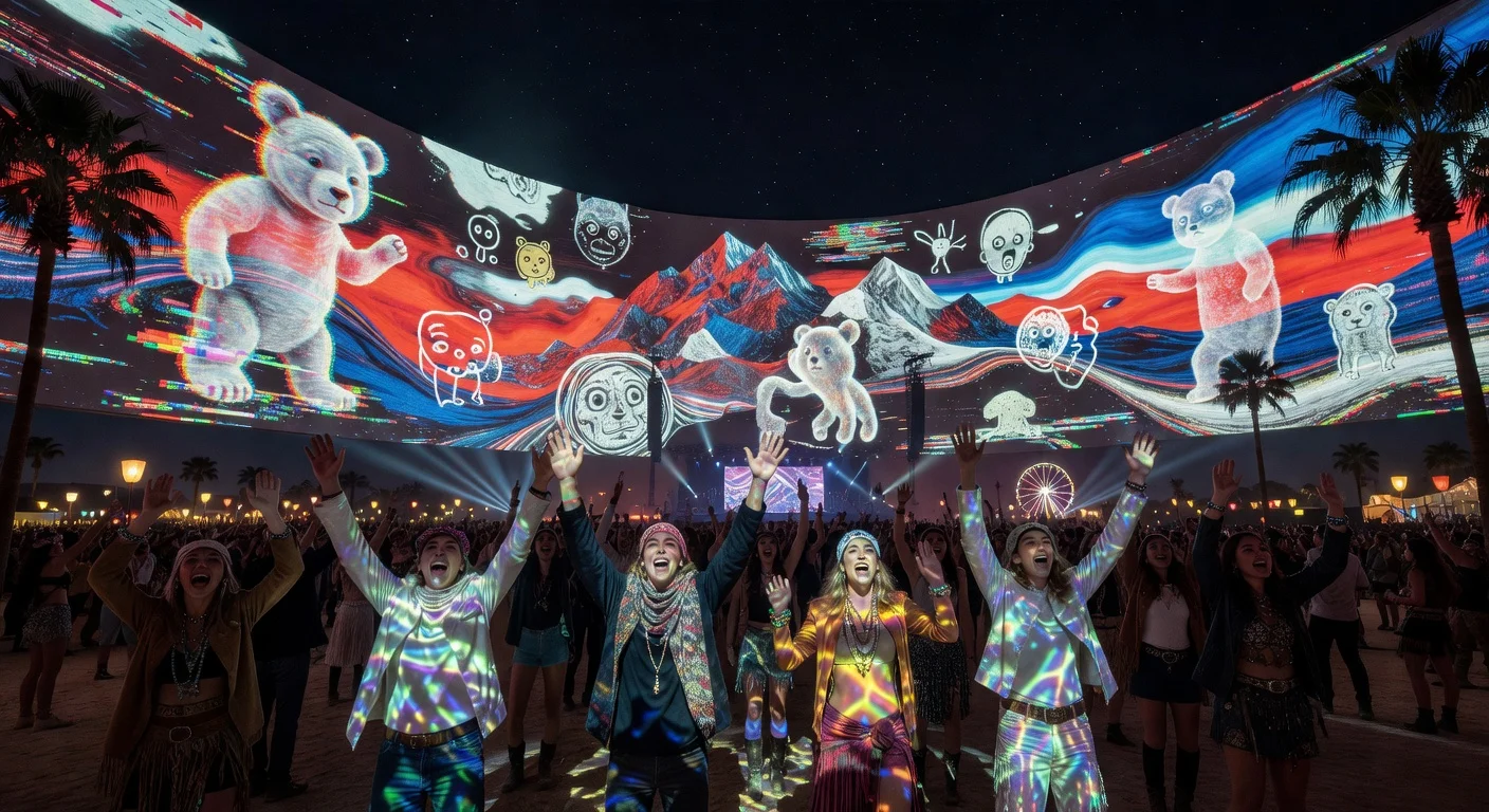 Radiohead's immersive Kid A Mnesia audiovisual installation on Coachella stage, featuring glitchy album artwork projections amid cheering festival crowd.