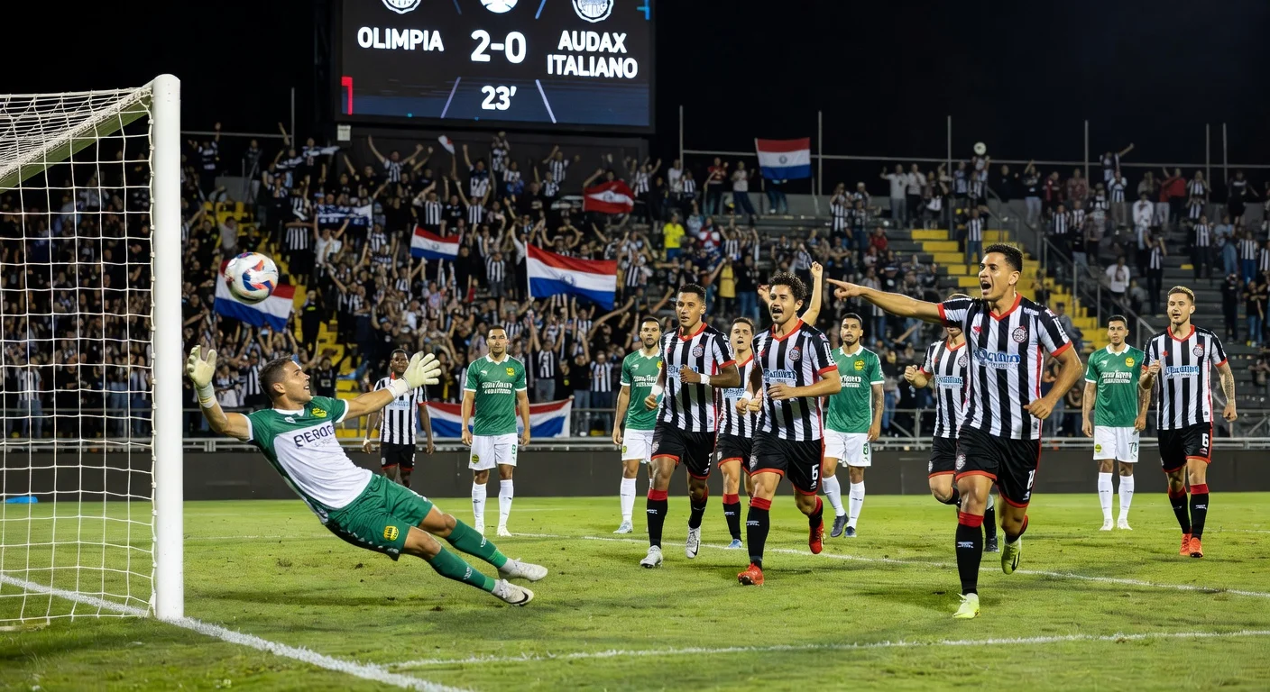 Olimpia celebrates scoring against Audax Italiano in Copa Sudamericana match at Estadio Bicentenario La Florida, final score 2-0.