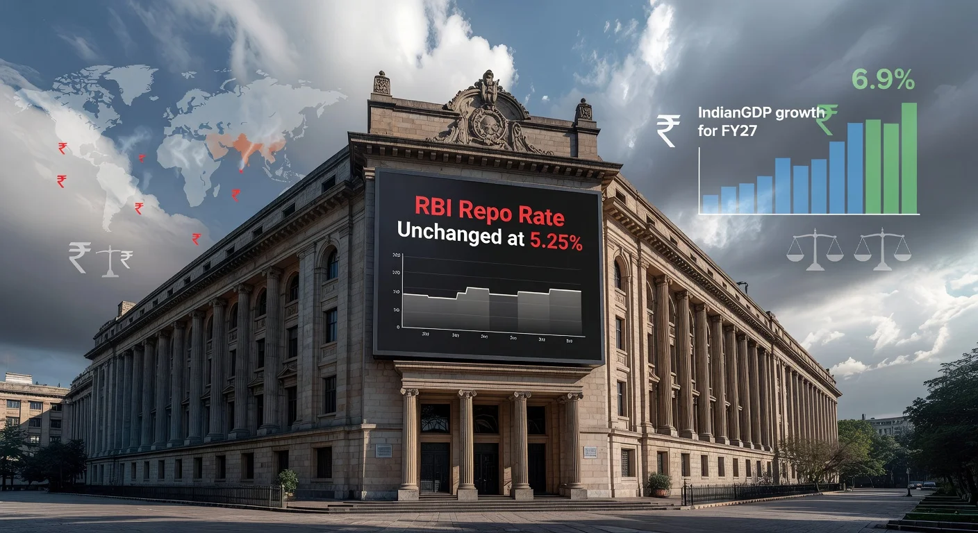 RBI headquarters with repo rate display amid West Asia conflict indicators, for monetary policy news illustration.