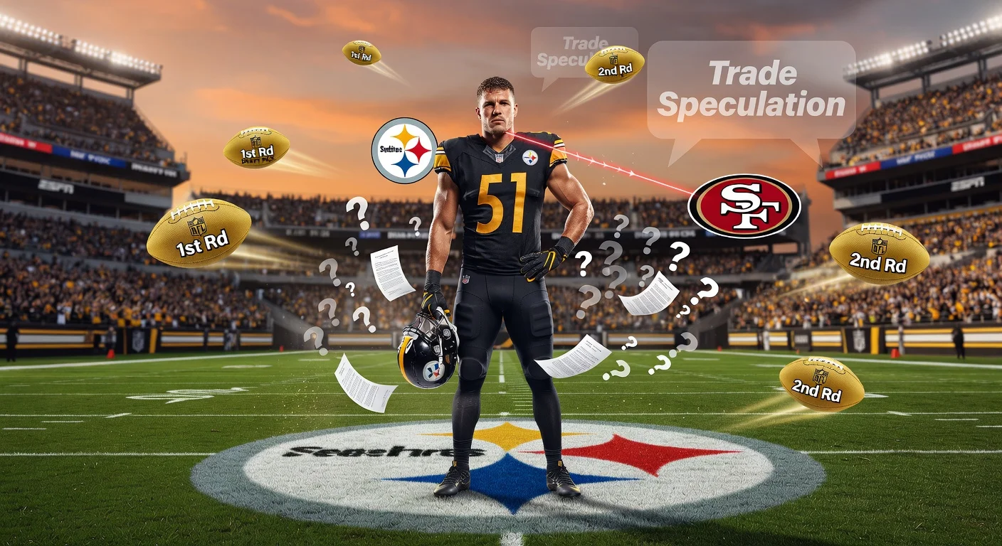 Photorealistic illustration of Steelers LB Nick Herbig contemplating trade rumors to the 49ers amid draft pick speculation.