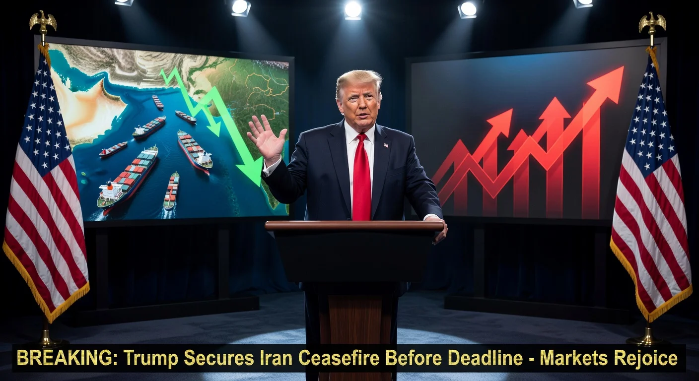 President Trump announces two-week ceasefire with Iran at White House podium, highlighting Strait of Hormuz reopening and market surges.