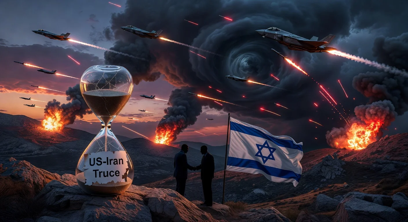 Dramatic illustration of fragile U.S.-Iran ceasefire holding amid Israeli airstrikes on Hezbollah in Lebanon, featuring jets, explosions, and symbolic truce elements.