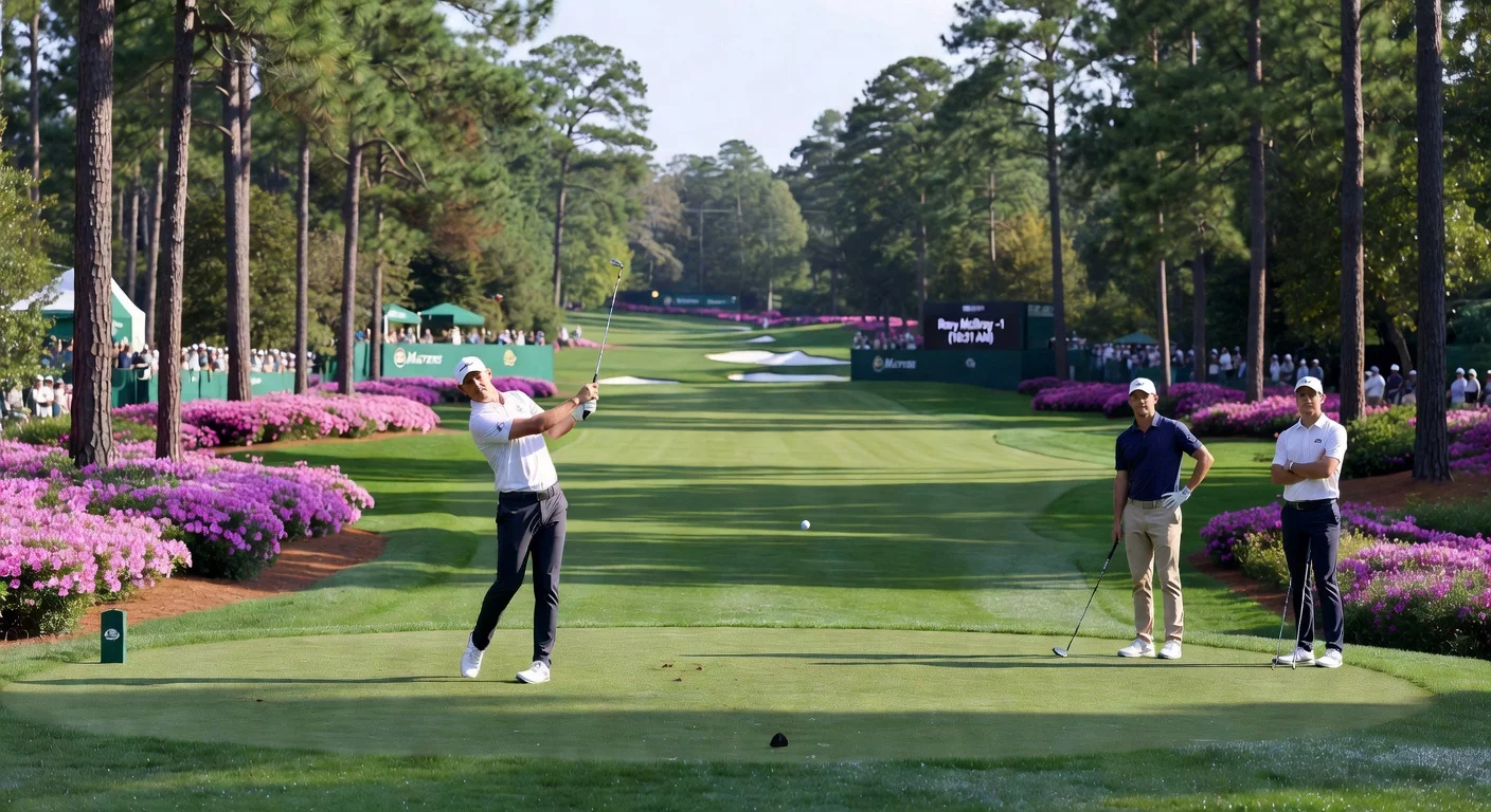 Rory McIlroy teeing off in the first round of the 2026 Masters with Cameron Young and Mason Howell at Augusta National.