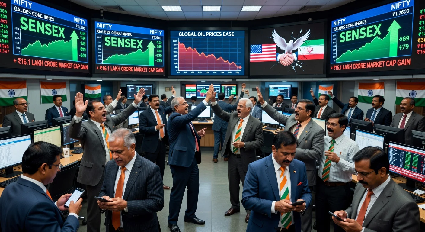 BSE trading floor during Sensex and Nifty rally on US-Iran ceasefire relief, with cheering traders amid rising indices and cautious expressions over fragile peace.