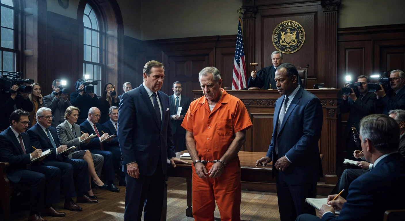 Realistic courtroom illustration of Rex Heuermann pleading guilty to the Gilgo Beach serial murders.