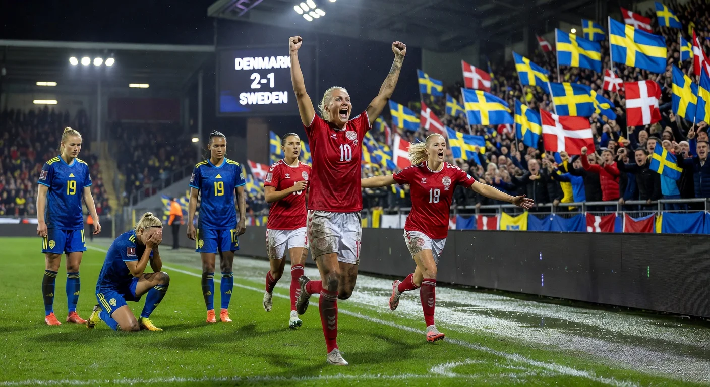 Sweden women's team dejected after Denmark's late winning goal in World Cup qualifier at Gamla Ullevi.