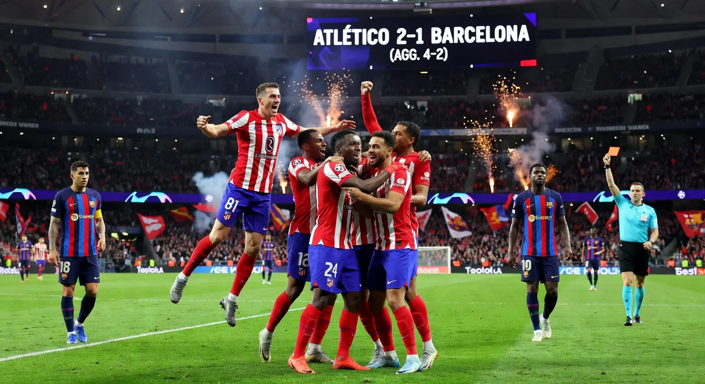 Atlético Madrid celebrates Champions League semifinal qualification after defeating Barcelona at Metropolitano stadium.