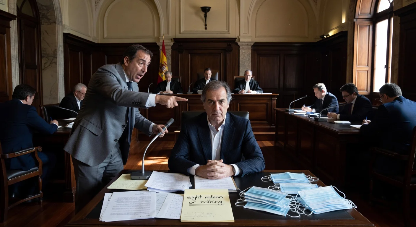 Courtroom scene from Koldo García mask contract trial at Spain's Supreme Court, with witness testifying.