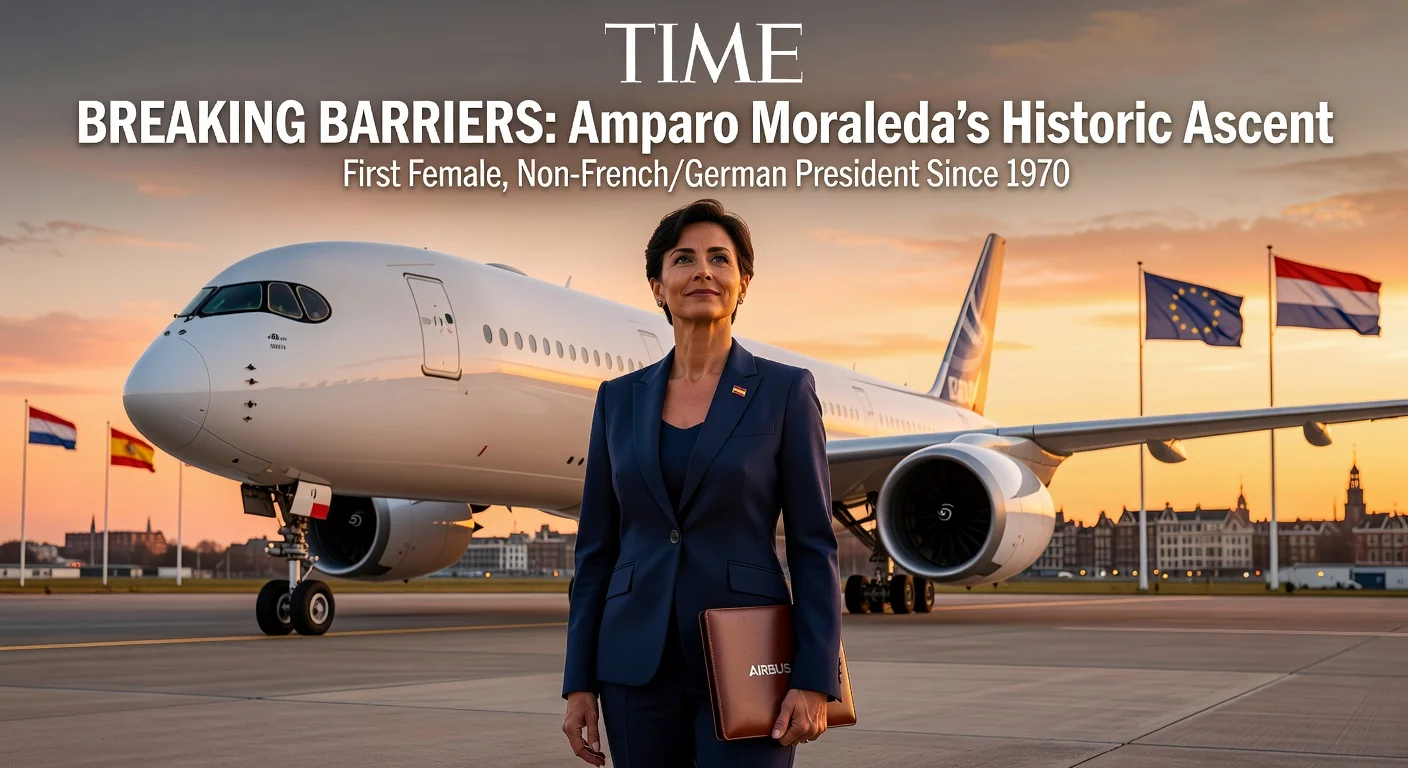 Amparo Moraleda, new Airbus president, posed confidently before an Airbus jet.