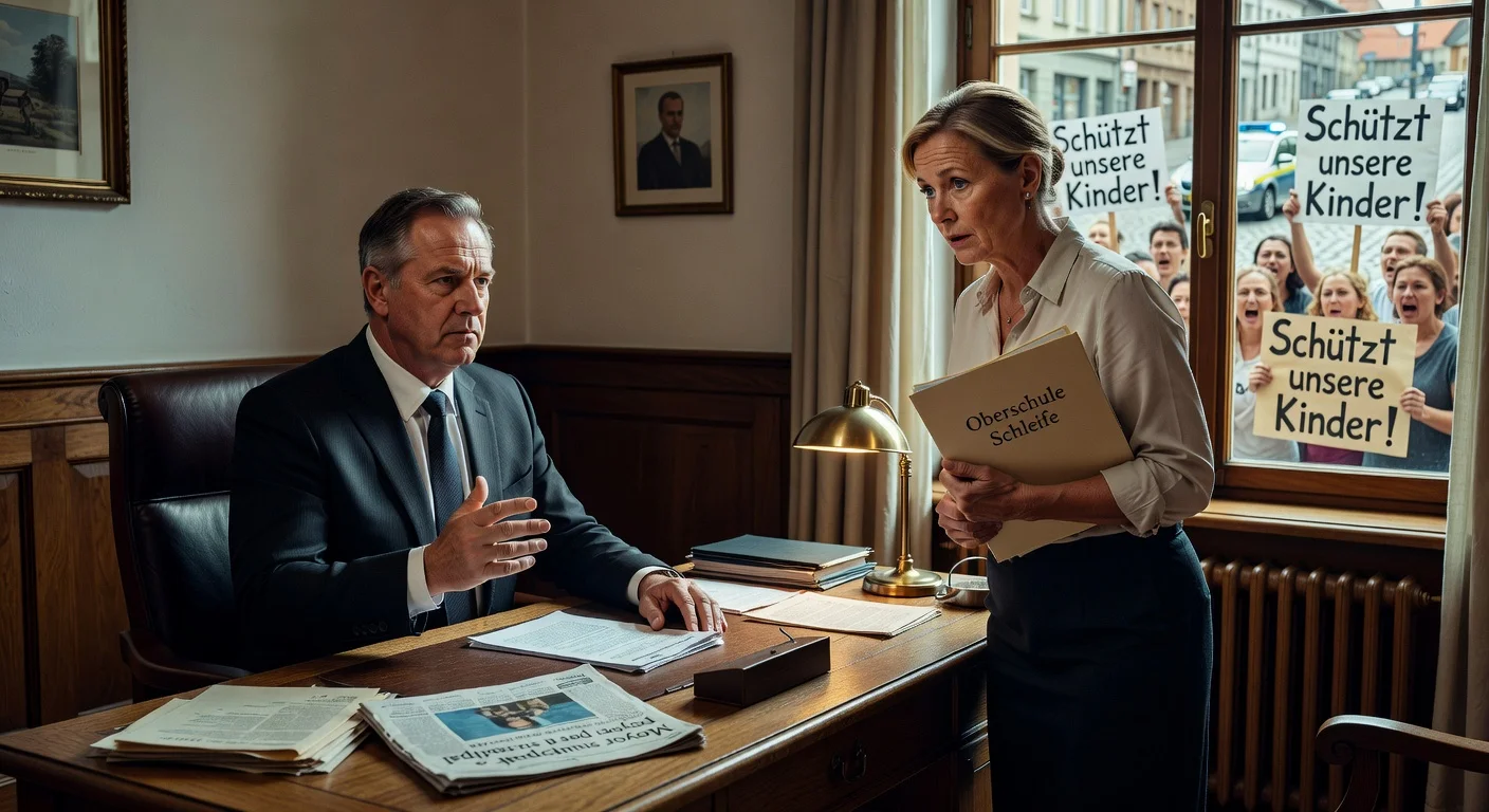News illustration depicting mayor confronting Oberschule Schleife principal amid scandal outrage, with parents protesting outside.