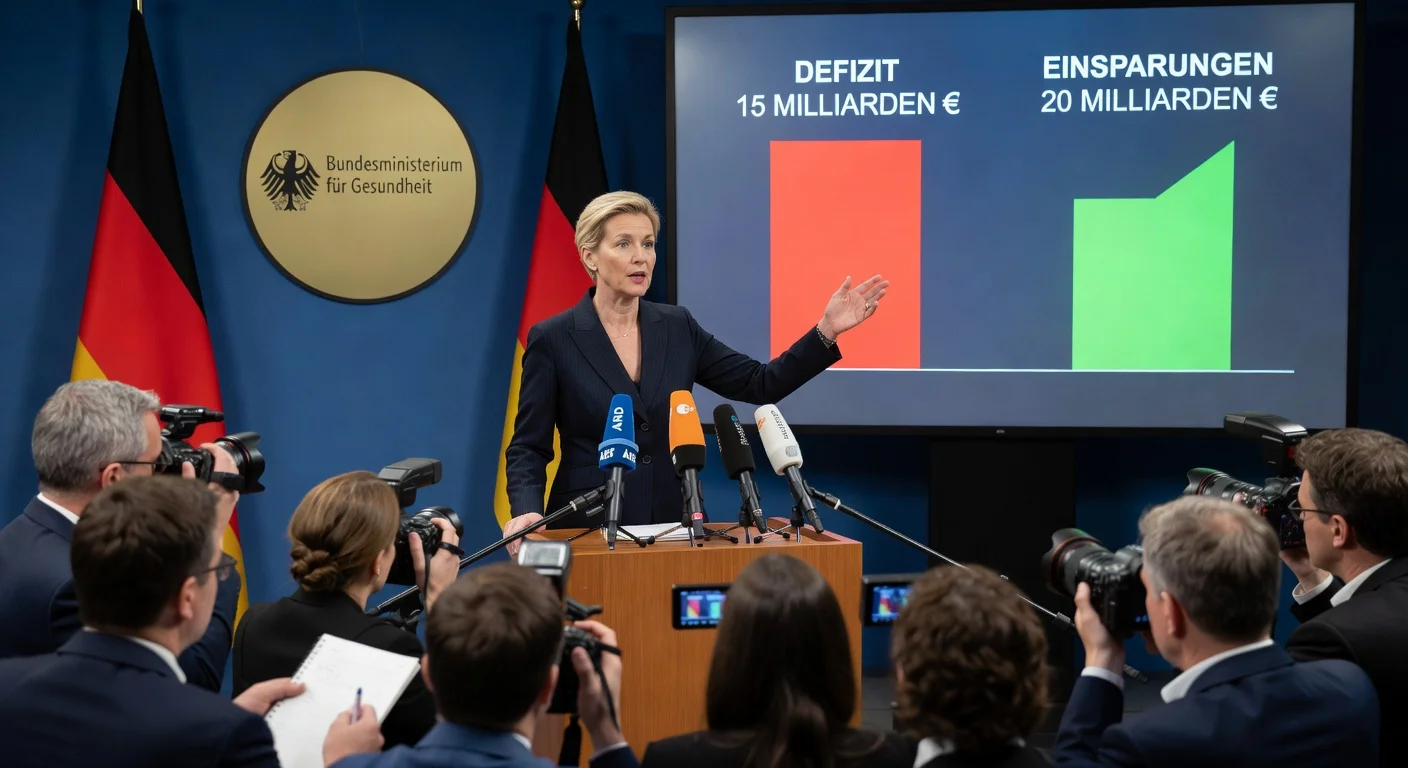 Federal Health Minister Nina Warken announces health insurance savings plans at Berlin press conference.