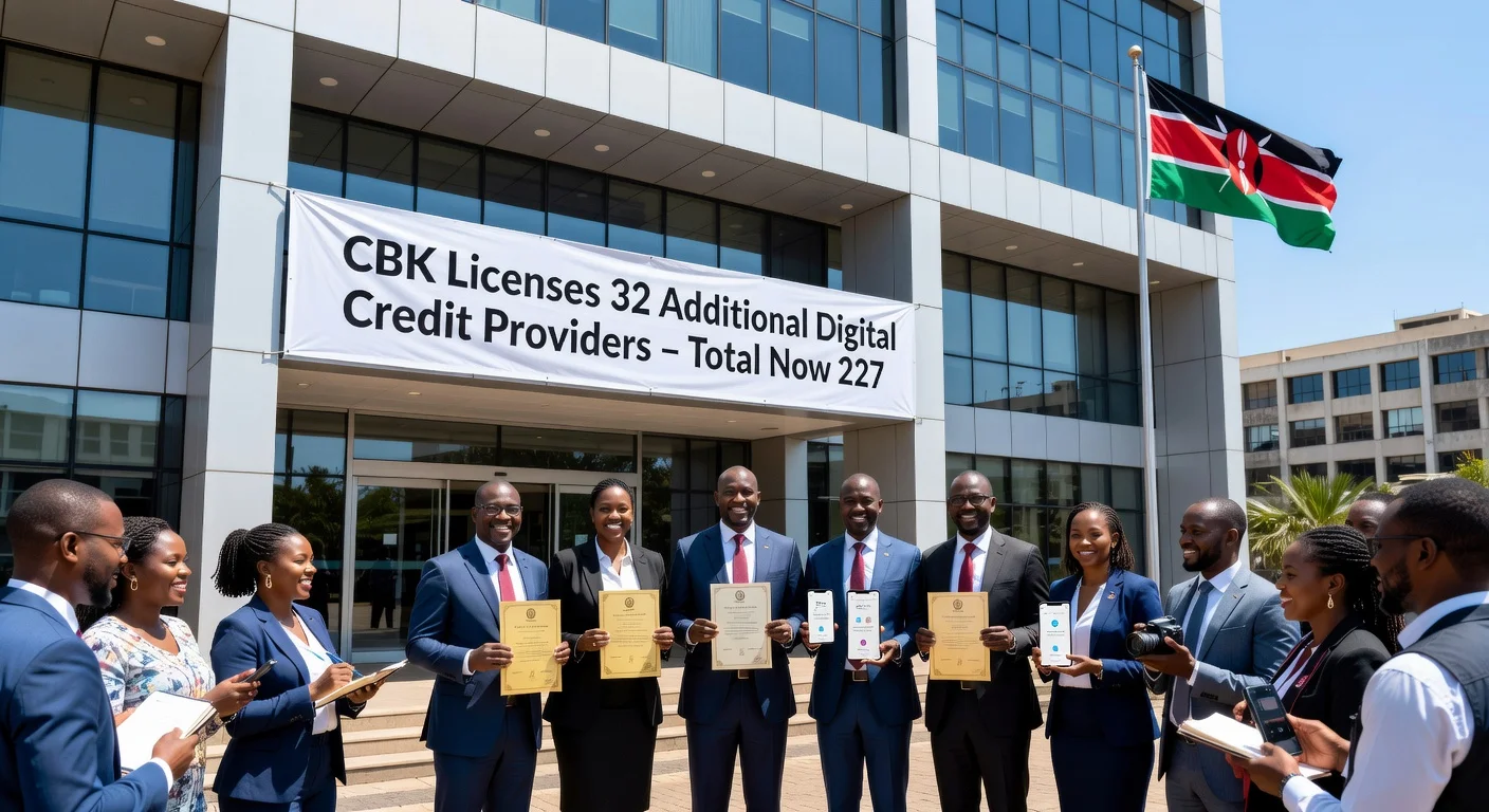 CBK headquarters with banner announcing 32 new digital credit provider licenses, officials holding certificates and smartphones.