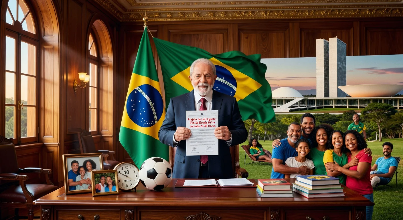 President Lula holds urgent bill to end 6x1 shifts and cap workweek at 40 hours, with symbols of family time and leisure.