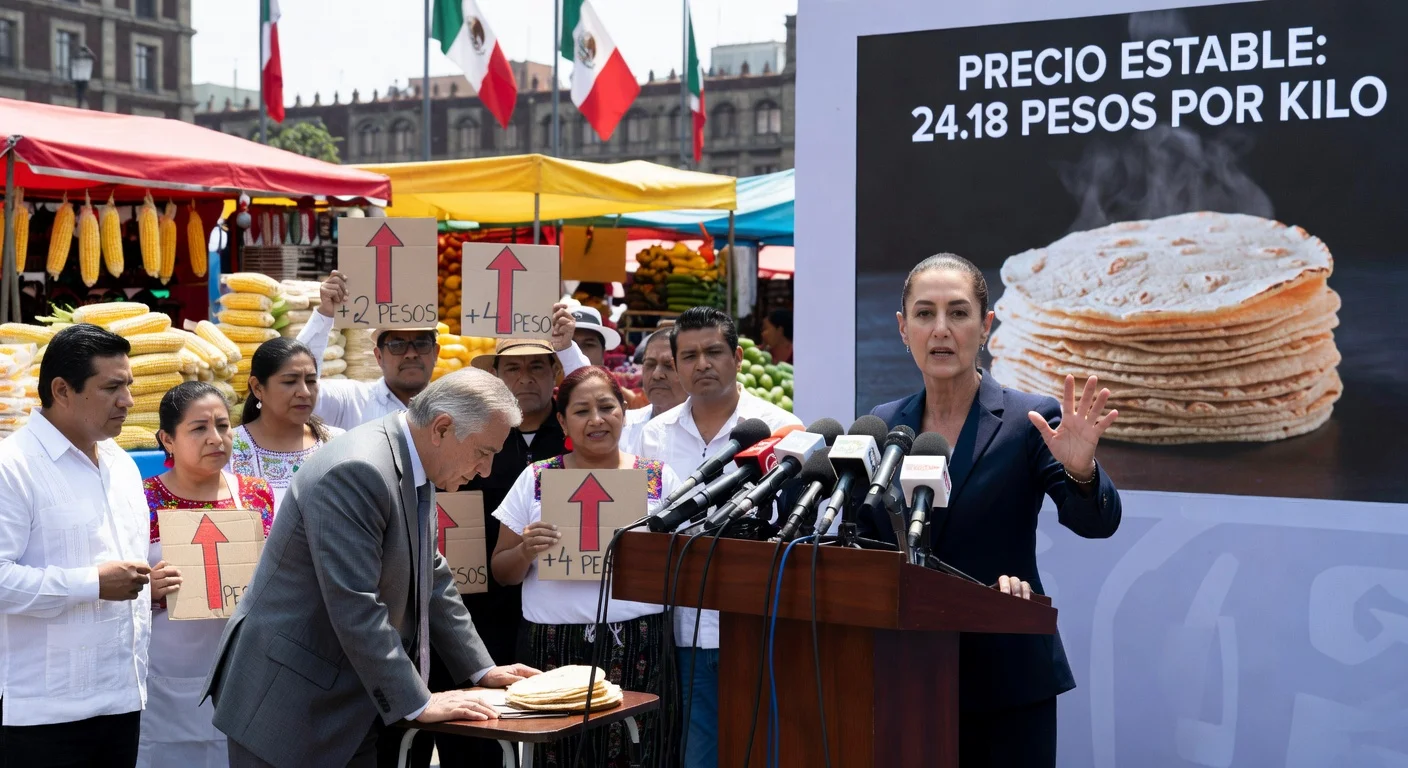 President Claudia Sheinbaum rejects proposed tortilla price hike at press conference, with agriculture officials and producers.