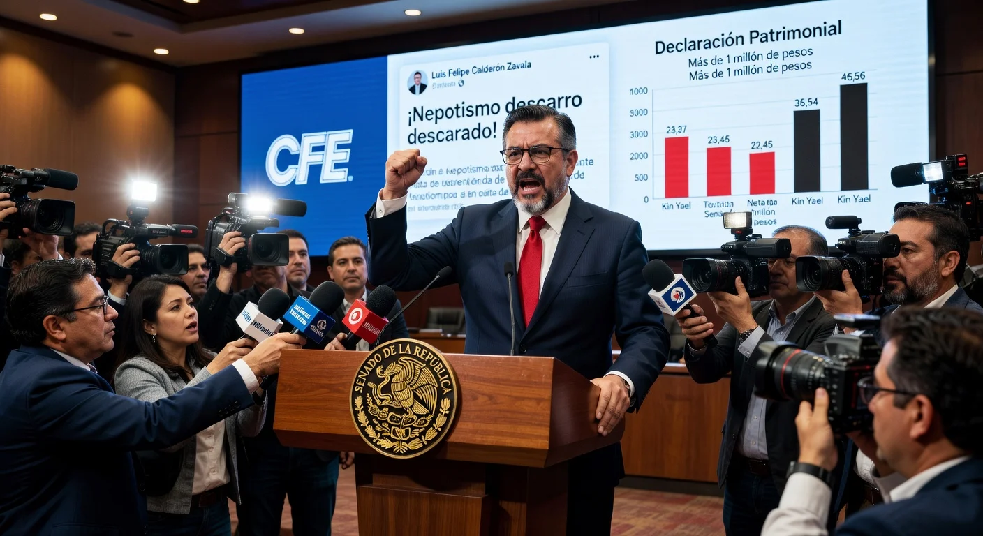 Senator Gerardo Fernández Noroña passionately defends his son's high CFE salary at a press conference amid nepotism controversy.