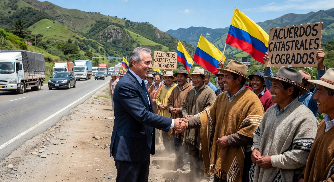 Farmers and Interior Minister Armando Benedetti celebrate the end of the Santander peasant strike and reopening of Girón-Lebrija road after cadastral appraisal agreements.