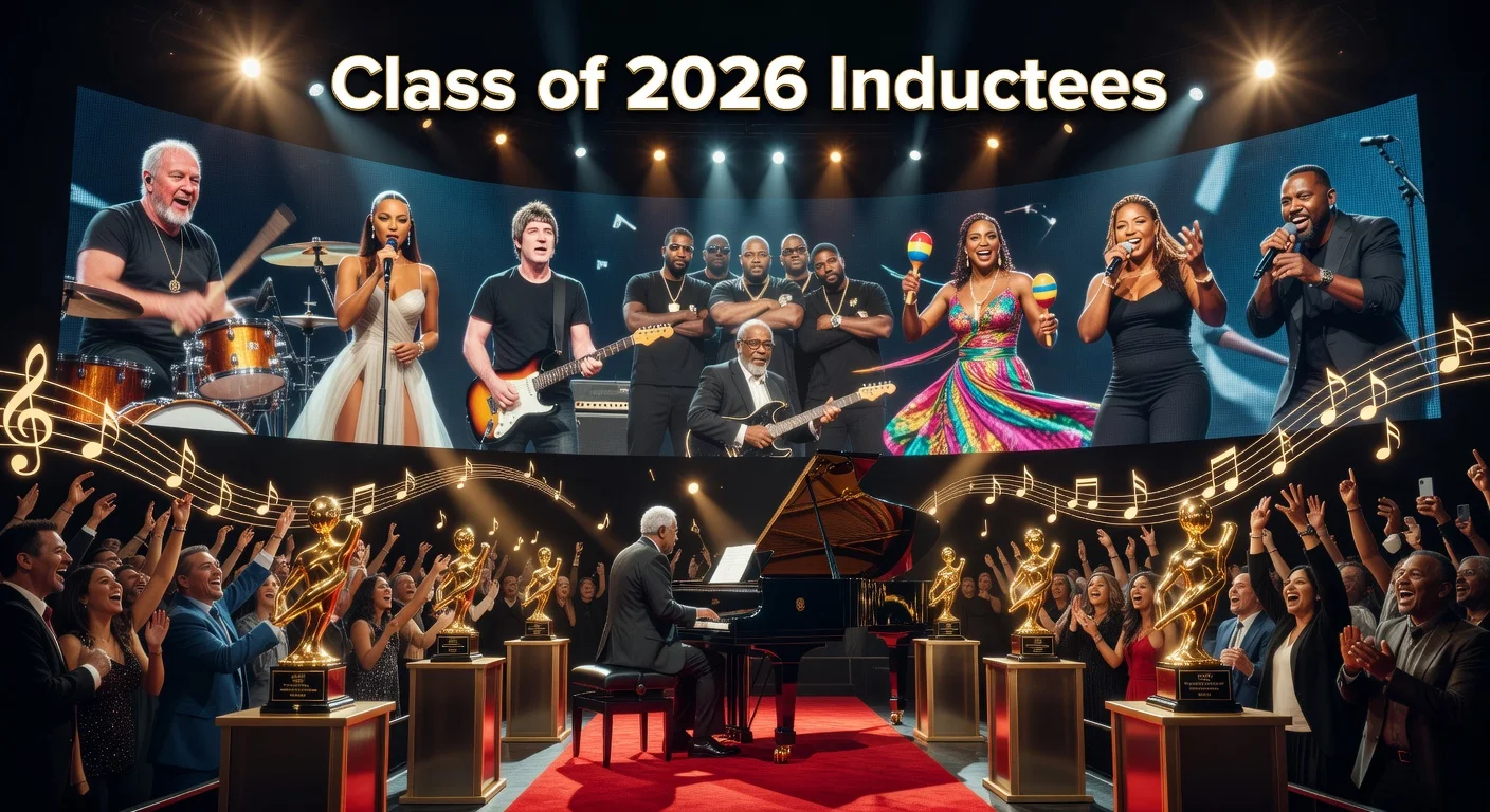 Illustrative collage of Rock & Roll Hall of Fame 2026 inductees including Phil Collins, Sade, Oasis, Wu-Tang Clan, Luther Vandross, Celia Cruz, Queen Latifah, and MC Lyte on a ceremony stage.