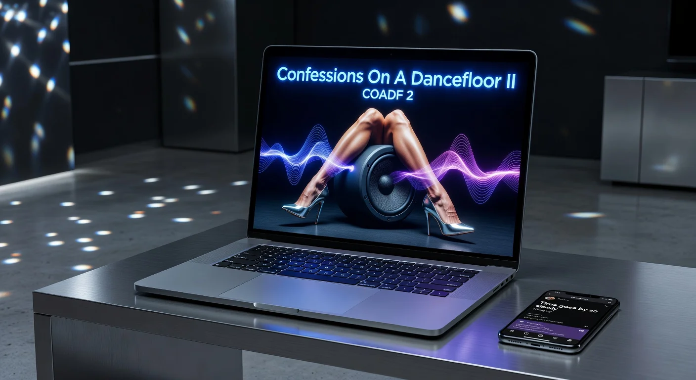 News illustration depicting Madonna's website teaser for 'Confessions on a Dance Floor II' with silver high heels, speaker, and album text.