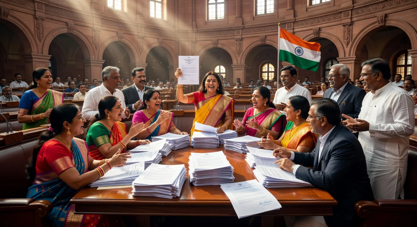 Indian parliamentarians reviewing bills for women's quota and Lok Sabha delimitation in special session.