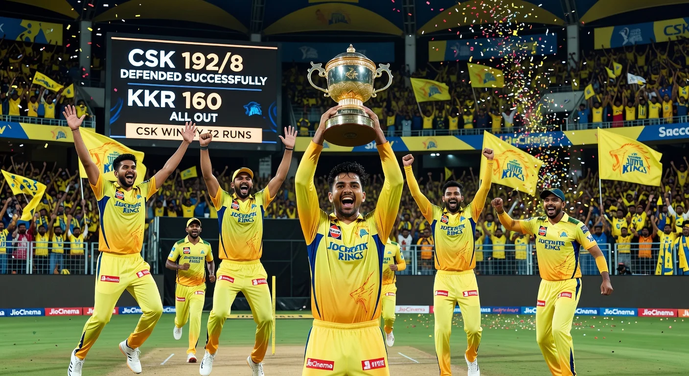 CSK players celebrate 32-run IPL 2026 victory over KKR at Chepauk, with Player of the Match Noor holding the trophy amid cheering fans.
