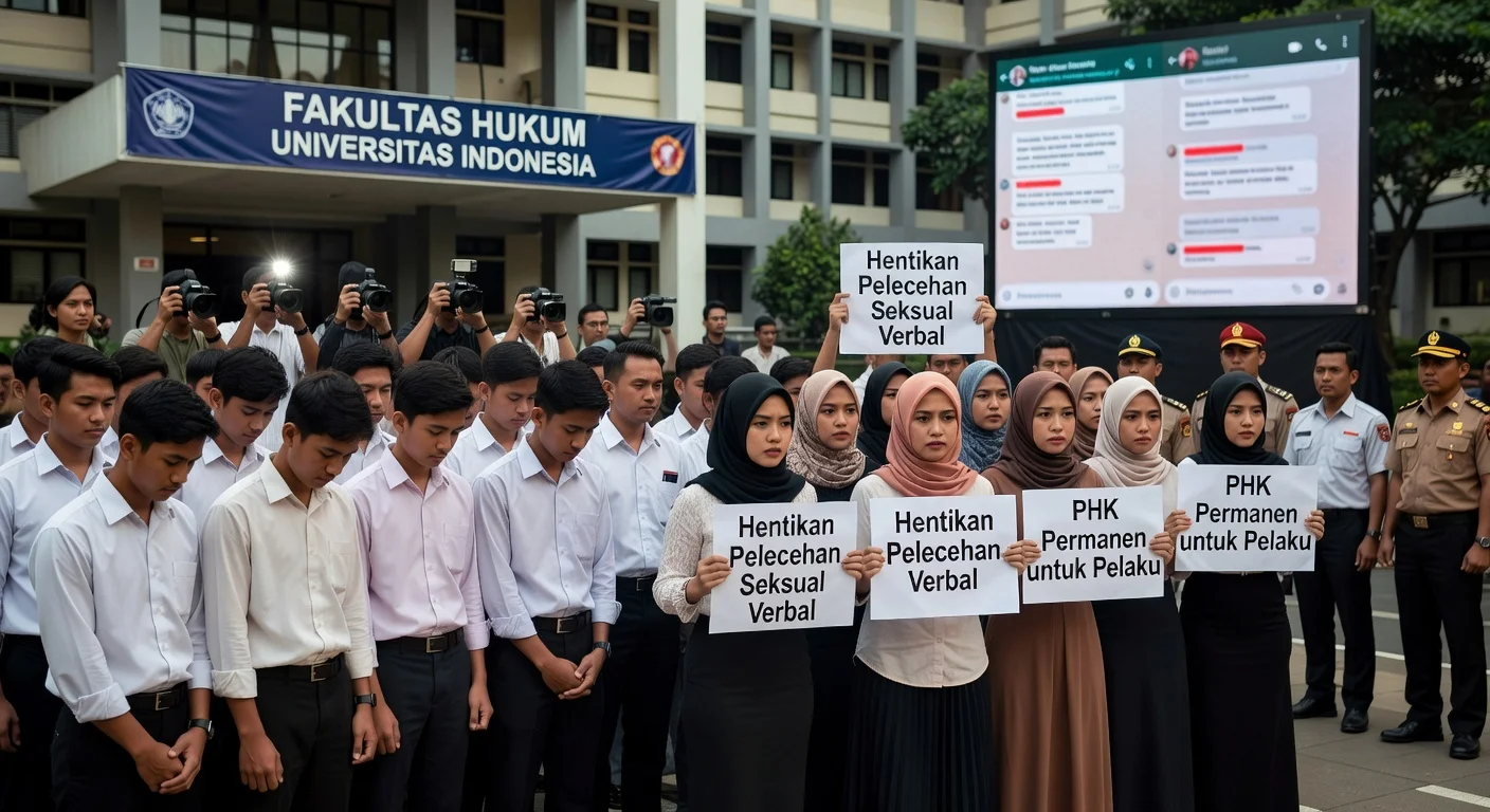 Illustration of FH UI students accused of verbal sexual harassment in group chat facing campus probe and victim demands for dismissal.