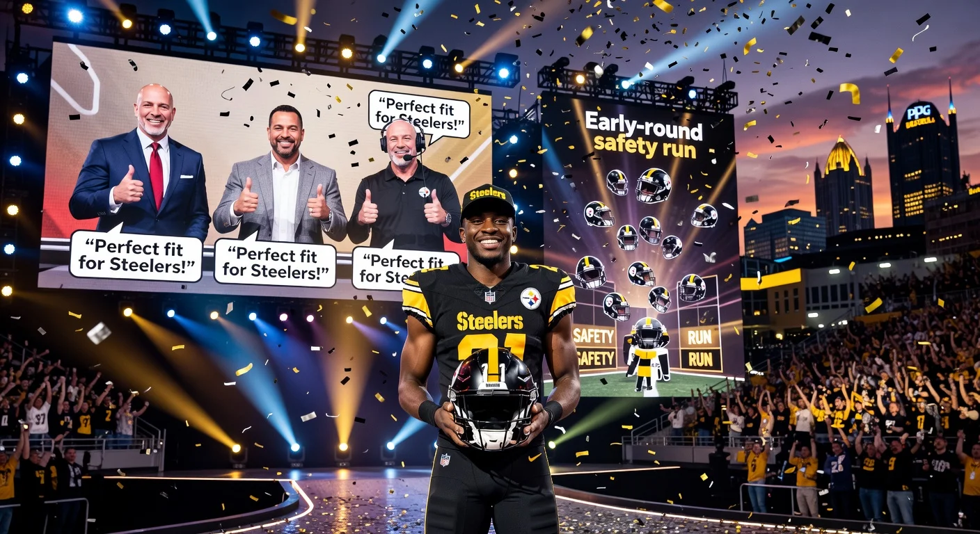 News illustration depicting Toledo safety Emmanuel McNeil-Warren as the mocked Pittsburgh Steelers pick at No. 21 in the 2026 NFL Draft, endorsed by analysts amid predicted safety run.