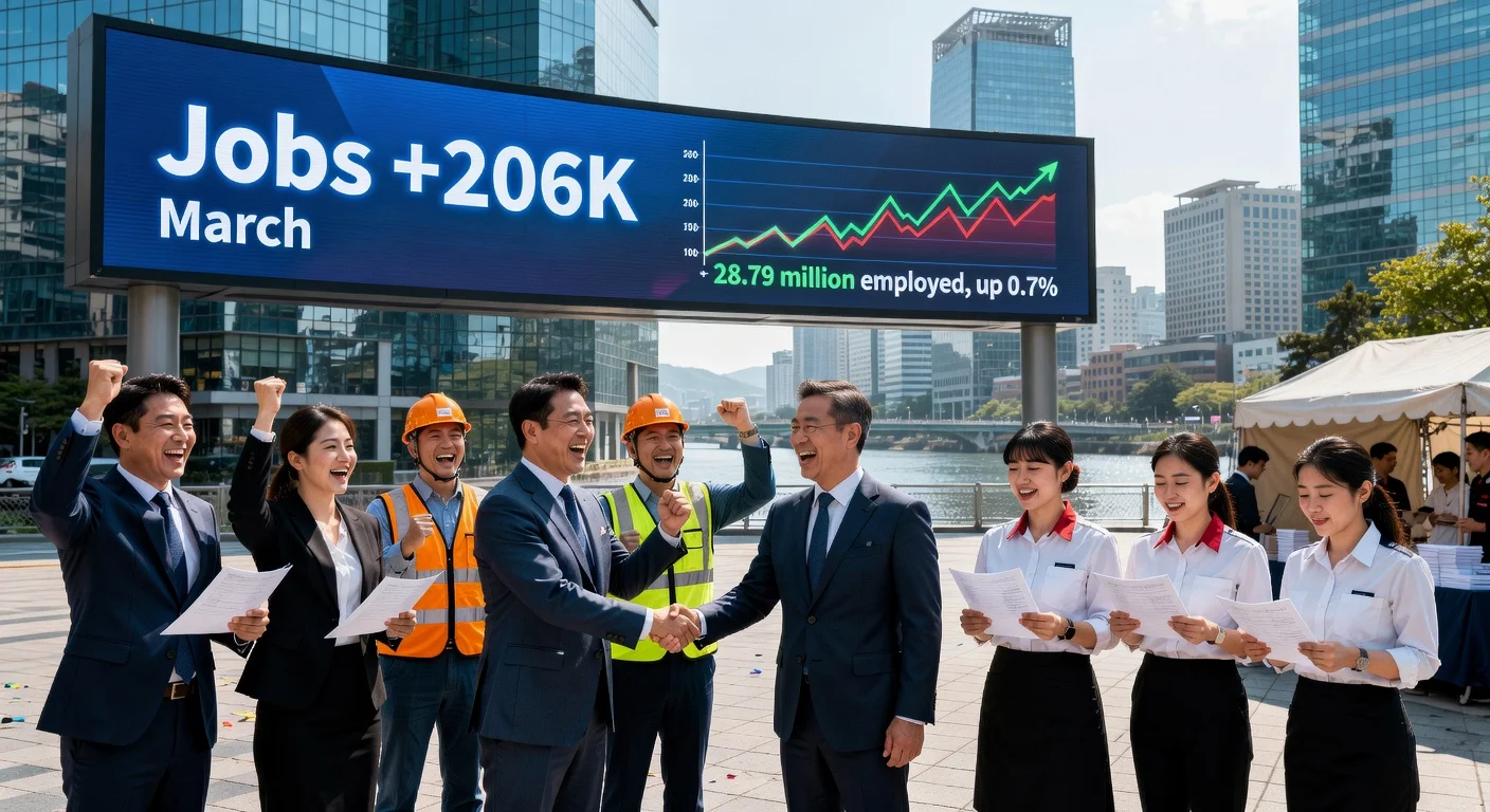 South Korean workers celebrating job growth in Seoul amid youth employment concerns.
