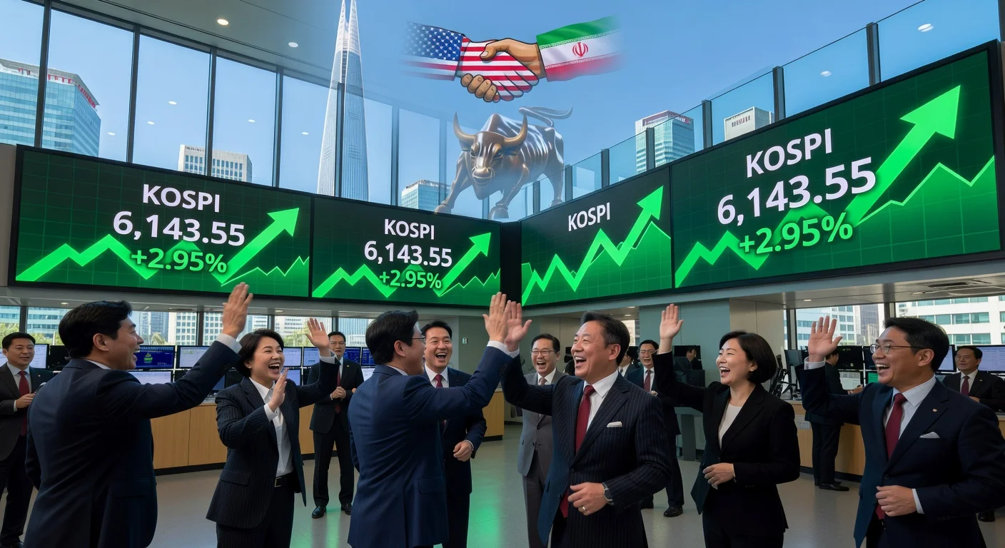 Seoul's KOSPI surges 2.95% on U.S.-Iran peace talk hopes, traders celebrate on exchange floor.