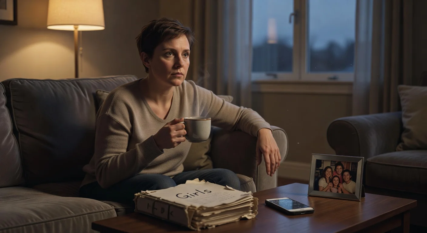 Lena Dunham in introspective solitude on her couch, reflecting on post-'Girls' life and relationships.