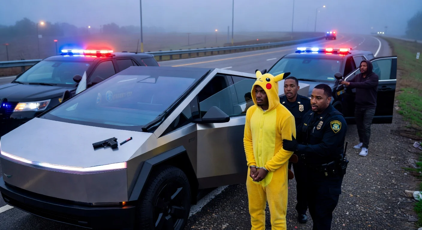 Photorealistic illustration depicting King Harris arrested in a Pikachu onesie next to his Cybertruck, with gun and vape pen visible, as T.I. arrives on scene.