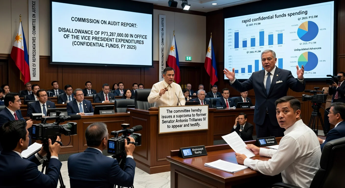 Illustration of House Justice Committee issuing subpoena to Trillanes amid testimony on Sara Duterte impeachment and confidential funds misuse.