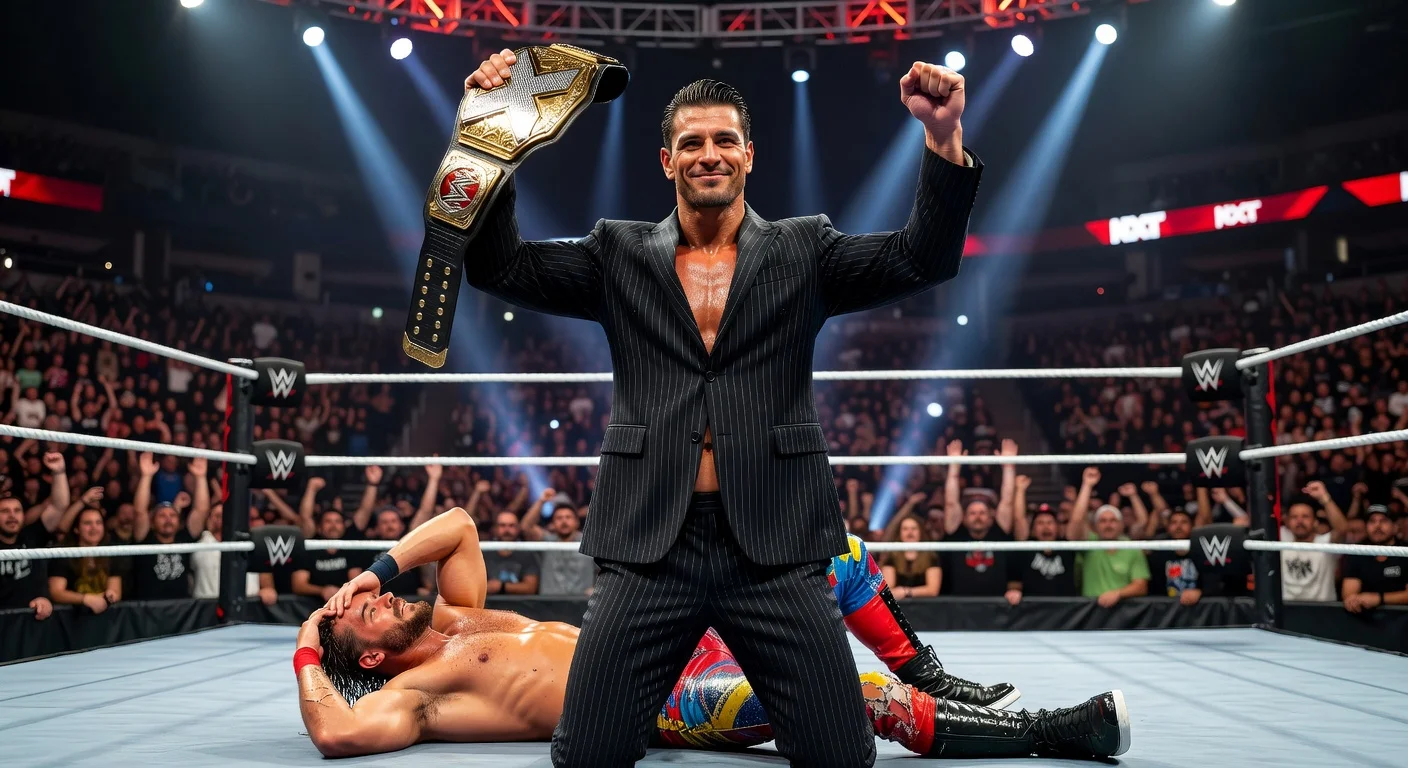 Tony D’Angelo celebrates retaining NXT Championship over Ethan Page in WWE NXT ring.