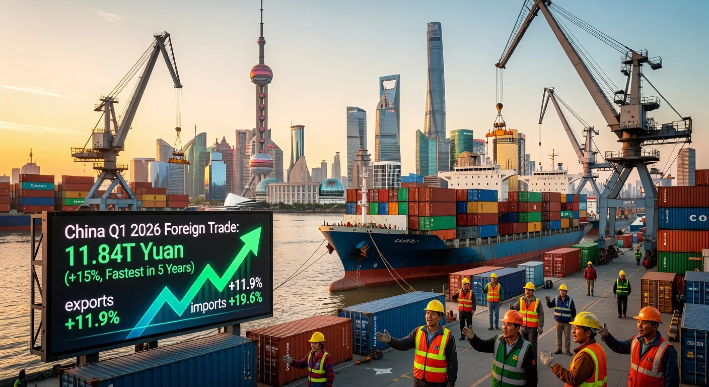 Illustration of China's record Q1 foreign trade growth, depicting a busy port with ships, cranes, and surging trade graphs.