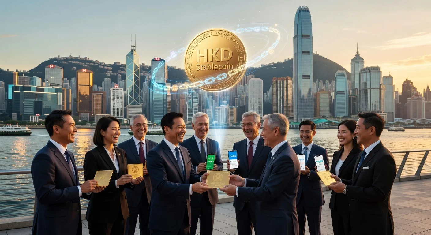 Illustration of Hong Kong awarding stablecoin licences to HSBC and Standard Chartered group, featuring executives, HKD stablecoin hologram, and city skyline.