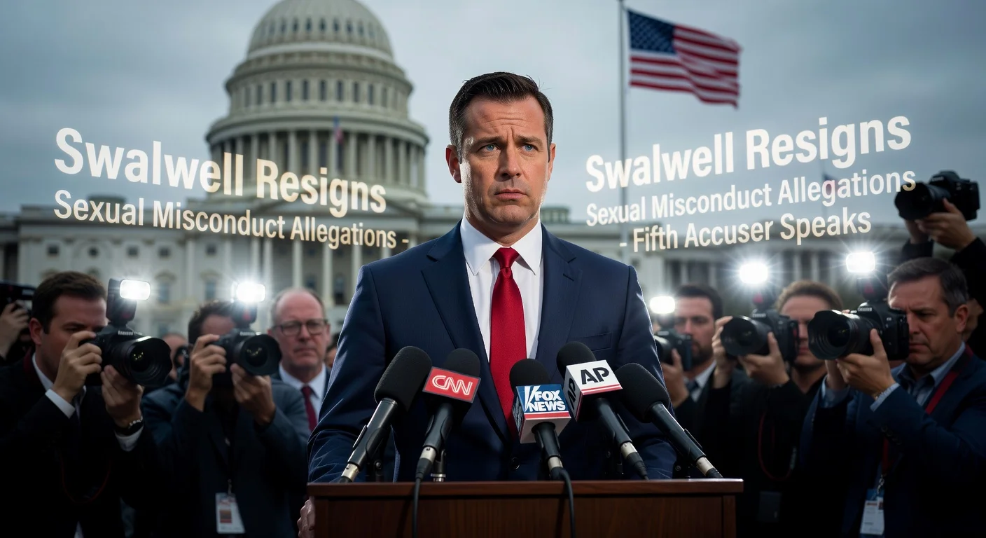 Rep. Eric Swalwell at a press conference announcing his resignation amid sexual misconduct allegations.