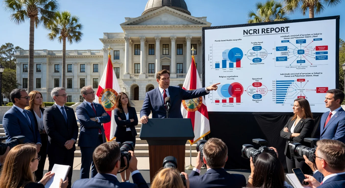 Florida Gov. Ron DeSantis and officials at press conference highlighting NCRI report on alleged terrorism links to some state Muslim groups.