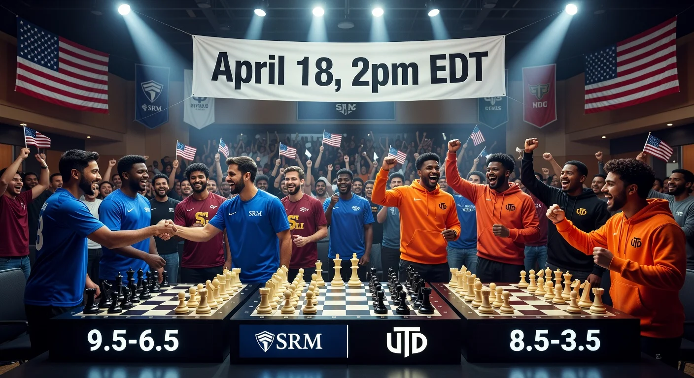 Photorealistic split-scene illustration of SRM and UTD chess teams celebrating semifinal victories and advancing to CCL finals.