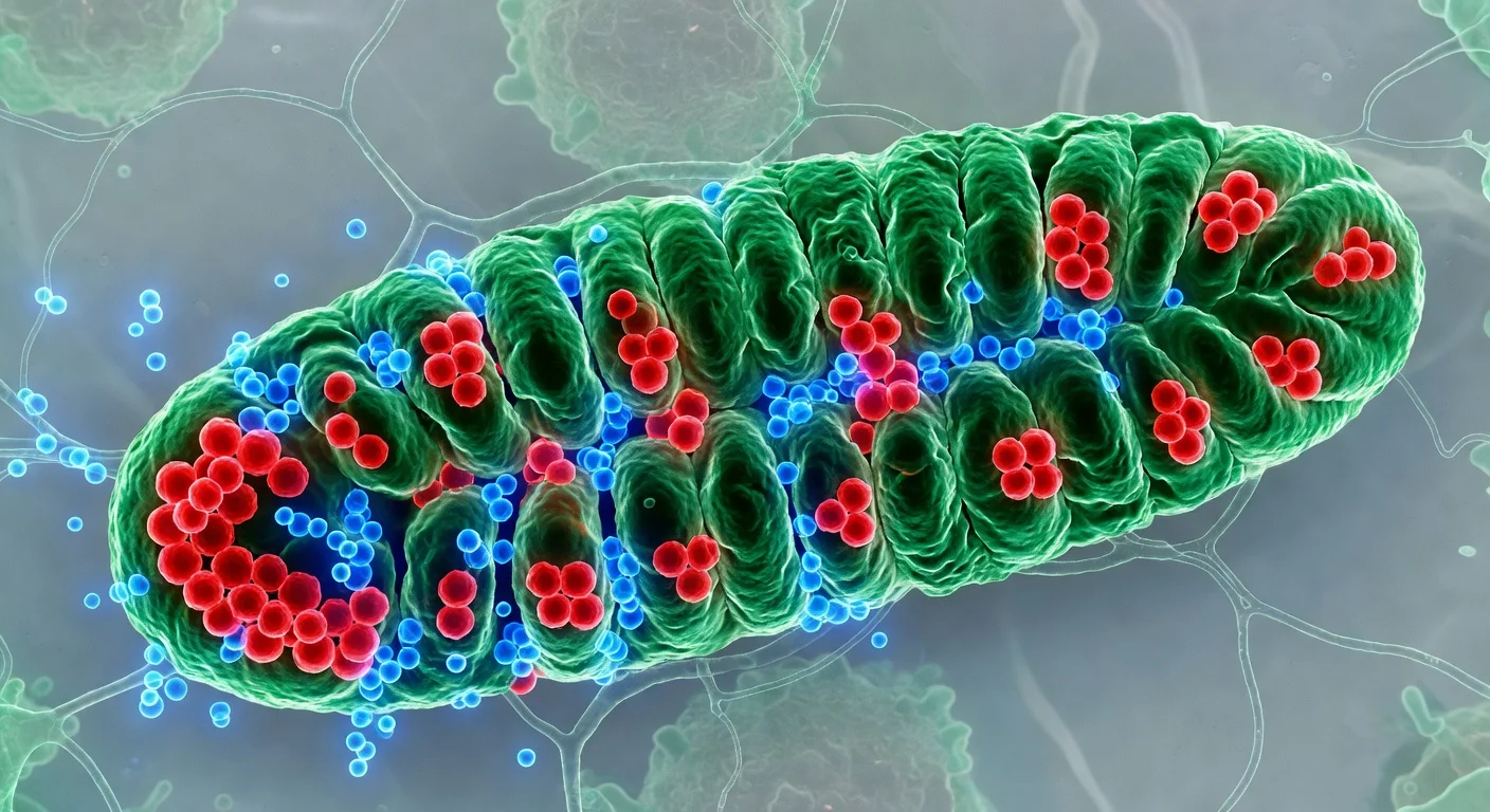 Scientific illustration depicting mitochondrial 'pearling' process evenly spacing mtDNA nucleoids via calcium influx.