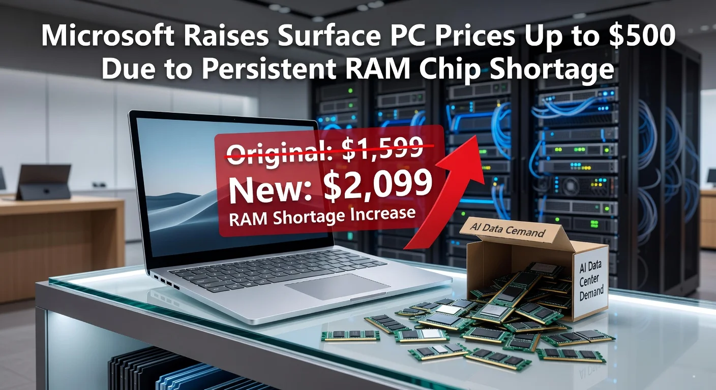 Illustration depicting a Microsoft Surface Laptop with a prominent price increase tag due to RAM shortage, amid symbols of AI data centers.